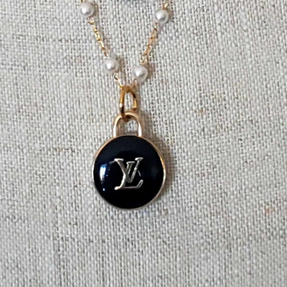 VINTAGE Louis Vuitto Black Logo & gold filled seed pearl necklace